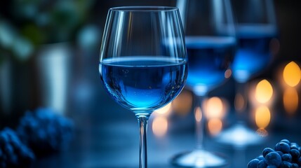 A striking blue beverage fills a crystal-clear glass, complemented by a cozy atmosphere and soft candlelight
