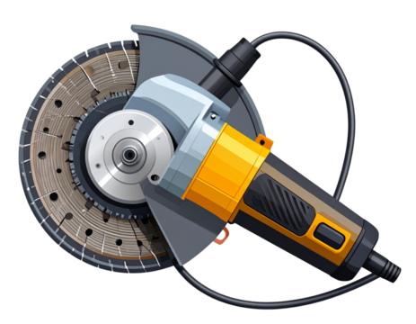 Stylized Angle Grinder Machine in Motion with Spark Effects, Dynamic Illustration, Transparent PNG