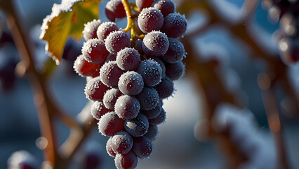 A beautiful bunch of frosted purple wine grapes waiting for the winter harvest in a cold, sunlit vineyard.