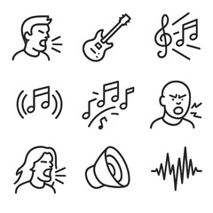 Music Icons Set. Outline icon set of howl in music: heavy metal scream, rock guitar, music crescendo, loud melody, vocal growl,