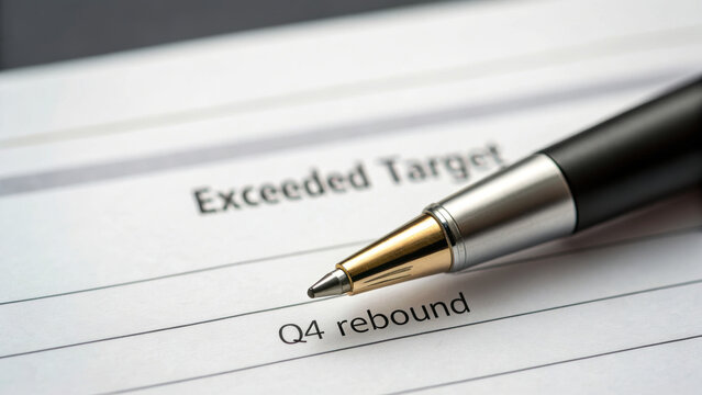 Pen rests on document highlighting Q4 rebound exceeding targets. Q4 Rebound