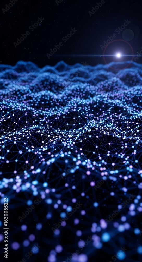 Poster abstract digital network visualization with glowing particles and wavy surface