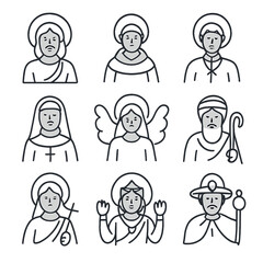 Religious Icons Grid. Outline icon set of religious figures and saints: haloed figure, monk, priest, nun,