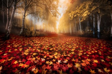 Magical golden light streams through an autumn forest path covered in vibrant red leaves