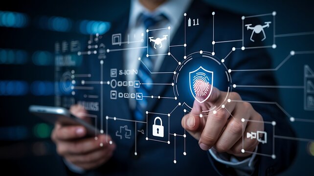 Businessman interacting with a futuristic digital interface displaying cybersecurity icons and data connections on a dark background
