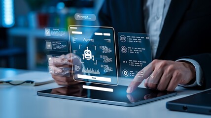 Close up of a business professional interacting with a futuristic holographic display showcasing data analytics and artificial intelligence concepts