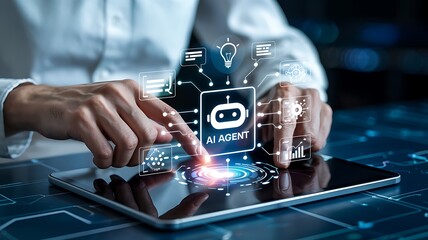 Close up of hands interacting with a futuristic holographic ai chatbot interface displaying a robot icon and glowing elements on a digital tablet