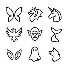 Mystical Creatures Icons. Outline icon set of witchcraft mystical creatures: fairy wings, dragon silhouette, unicorn, phoenix,