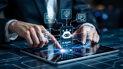 Close up of a person s hands interacting with a futuristic digital interface displaying ai chatbot and data analytics icons on a tablet