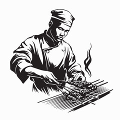 Detailed Illustration of Delicious Grilled Chicken Satay Skewers Served with Peanut Sauce