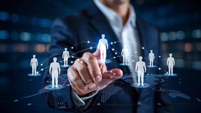 Businessman s hand interacting with a digital network of human figures representing global connections and talent management