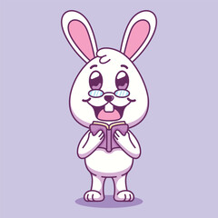 A cheerful white cartoon rabbit wearing glasses while reading a book. An adorable and intelligent bunny character for educational concepts.