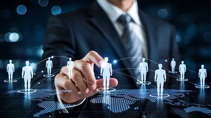 Business professional selecting a person from a global network of illuminated human figures on a digital map interface