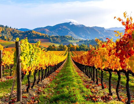 Autumn vineyard landscape with rows of colorful grapevines stretching toward distant mountains
