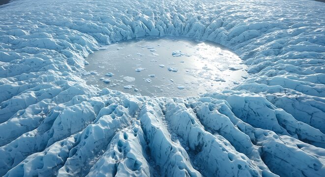 An aerial view of a dramatic glacier landscape, featuring a large, circular glacial lake surrounded by a mesmerizing pattern of cracked and textured ice.

 - Powered by Adobe