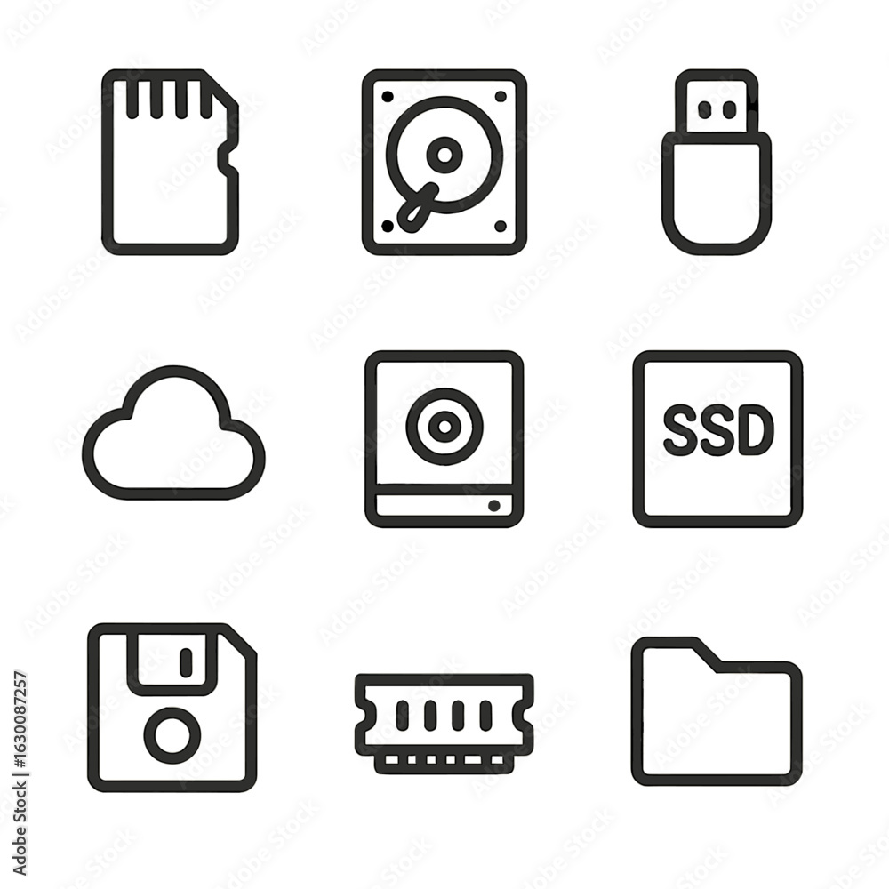 Poster empty storage icons. outline icon set of empty storage symbols: empty memory card, empty hard drive,