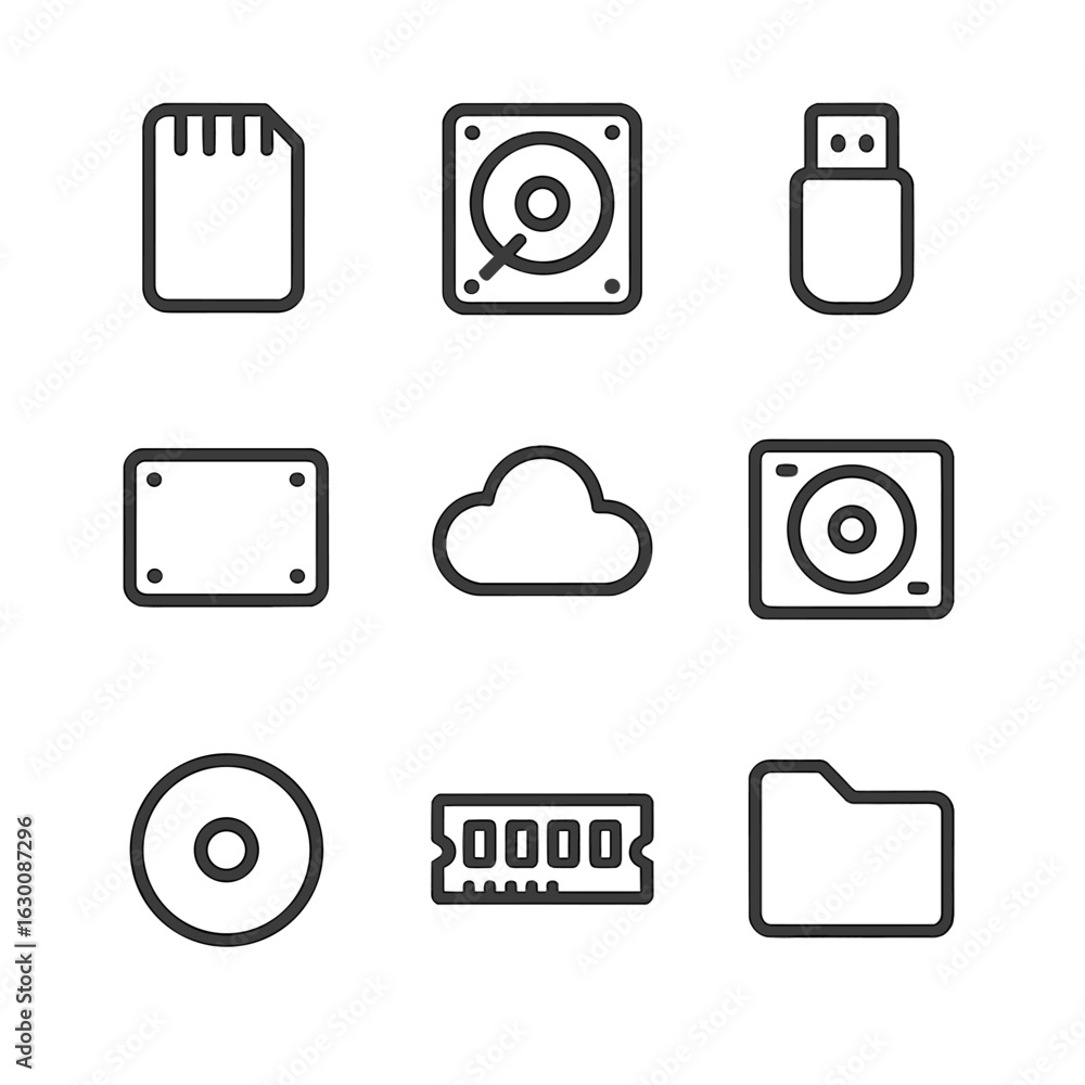 Poster empty storage icons. outline icon set of empty storage symbols: empty memory card, empty hard drive,