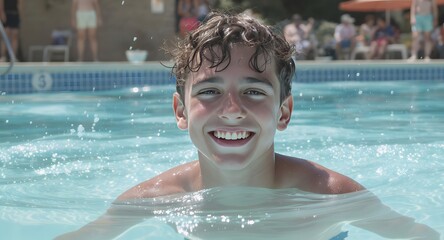 Happy young boy smiling and laughing in a swimming pool on a sunny day