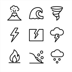 Obraz na płótnie Canvas Natural Disasters Icons. Outline icon set of natural unrest: volcanic eruption, tsunami wave, tornado, lightning bolt, earthquake