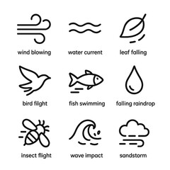 Natural Forces Icons. Outline icon set of drag forces in nature: wind blowing, water current, leaf falling, bird flight, fish