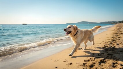 Dog golden retriever happy running on beautiful beach blue sea summer season travel holiday