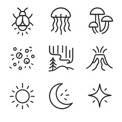 Natural Glow Icons. Outline icon set of natural glows: firefly, bioluminescent jellyfish, glowing mushrooms, phosphorescent
