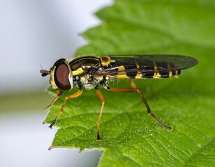Naklejka premium Close-up of a hoverfly on a leaf