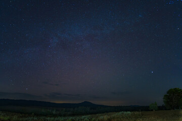 beautiful milky way across the sky in a tropical forest on top of a mountain in northern...
