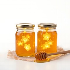 Two jars of golden honey with star shapes inside and a wooden honey dipper