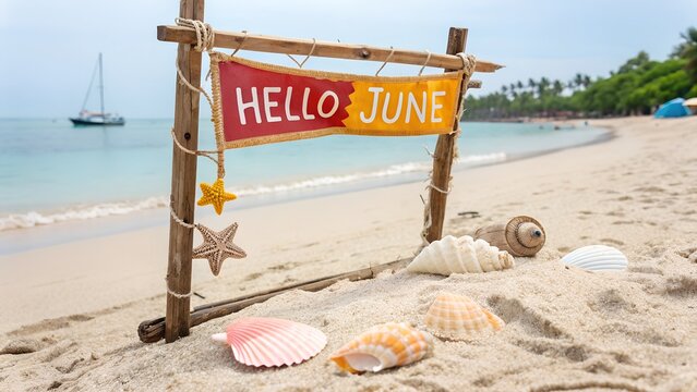 Hello June Background Banner. Charming Beach Scene with Sign and Seashells