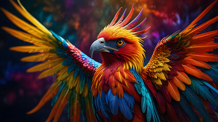 Vibrant illustration of a majestic firebird with rainbow plumage, a legendary symbol of power and fantasy.