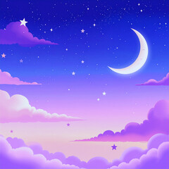 Fototapeta premium Soft Cartoon Night Sky with Glittering Stars and Crescent Moon on Gradient Background