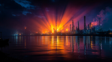 Nighttime Refinery Skyline with Sparkling Flare Stacks