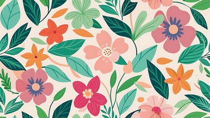 Vibrant and cheerful floral pattern with a variety of colorful flowers and lush green leaves on a light background