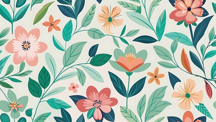 Vibrant hand drawn floral pattern with lush green leaves and delicate blossoms in pastel hues