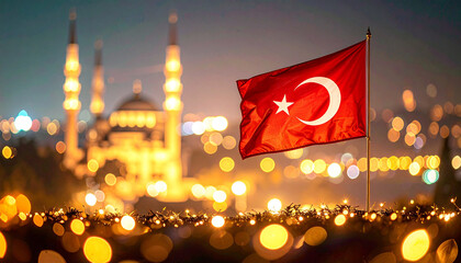 MarMartyrs Memorial in Istanbul with Turkish flag, flat design, patriotic theme