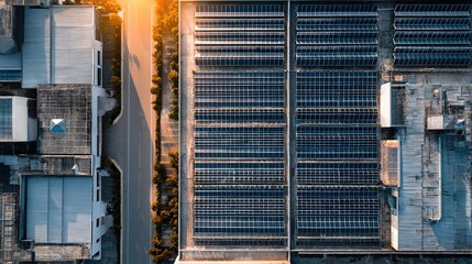 Aerial view of a brightly lit modern solar panel manufacturing factory with rows of photovoltaic modules and clean energy production. Sustainable renewable energy and eco-friendly building facilities.