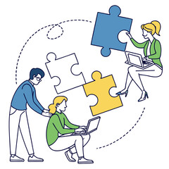 Vector art of team of business people connecting puzzle pieces isolated on white background