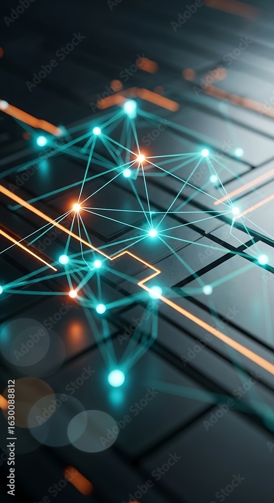 Poster futuristic digital network connection with glowing nodes and circuits on a dark background