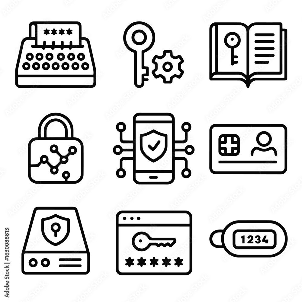 Poster encryption tools icons. outline icon set of encryption tools: cipher machine, key generator, code bo