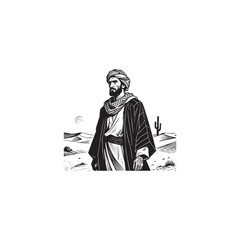 Fototapeta premium engraving style illustration of an Arab man standing in a vast desert