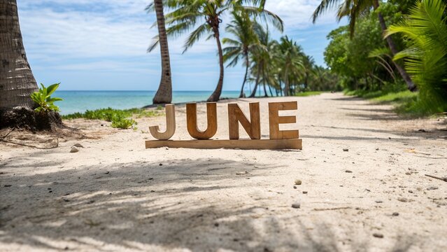 A wooden june sign on a sandy path leading to a tropical beach with palm trees and blue ocean
