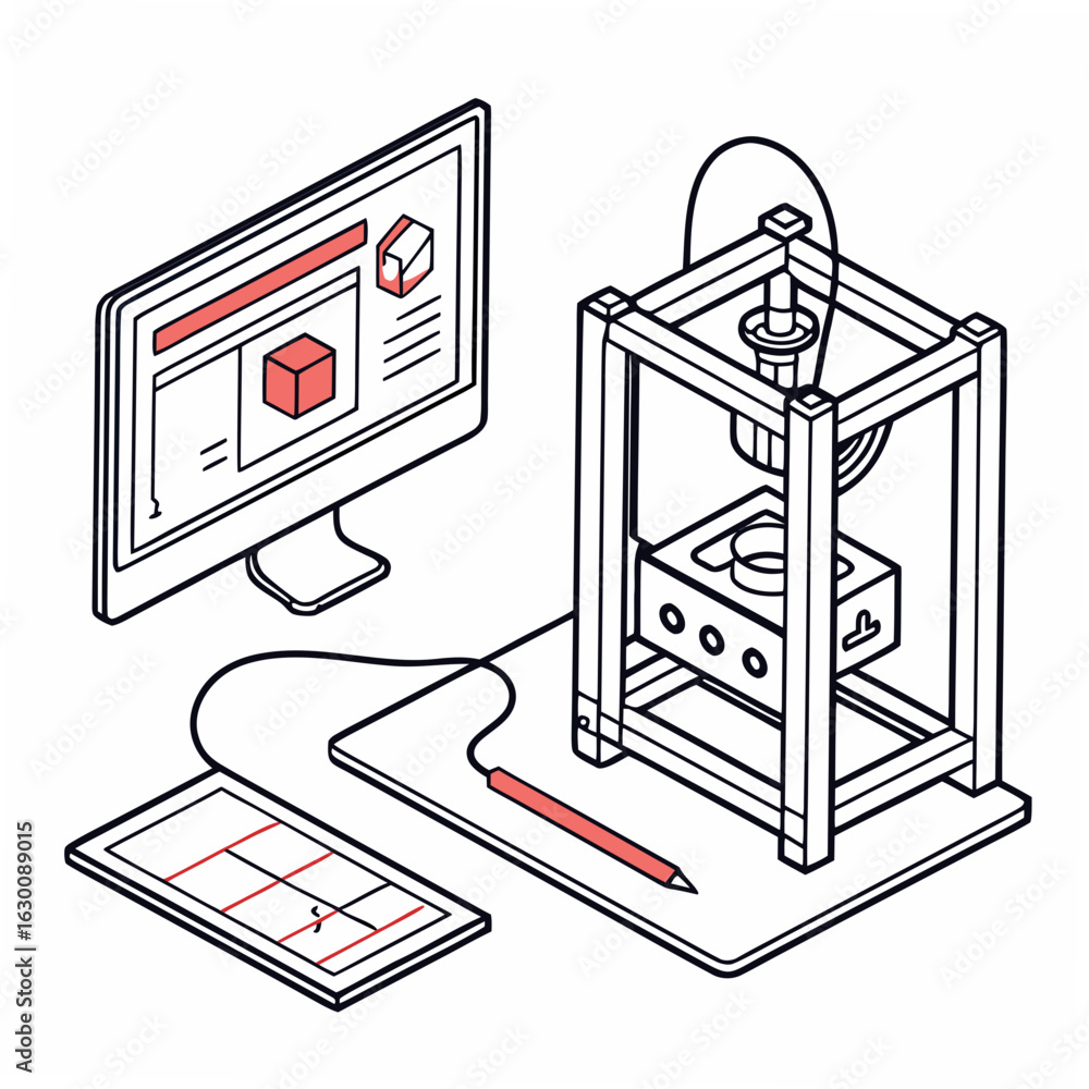 Poster vector art of 3d printer with computer and tablet isolated on white background