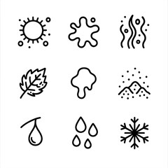 Nature Residue Icons. Outline icon set of residue in nature and environment: pollen dust, mud splatter, algae growth, leaf residue