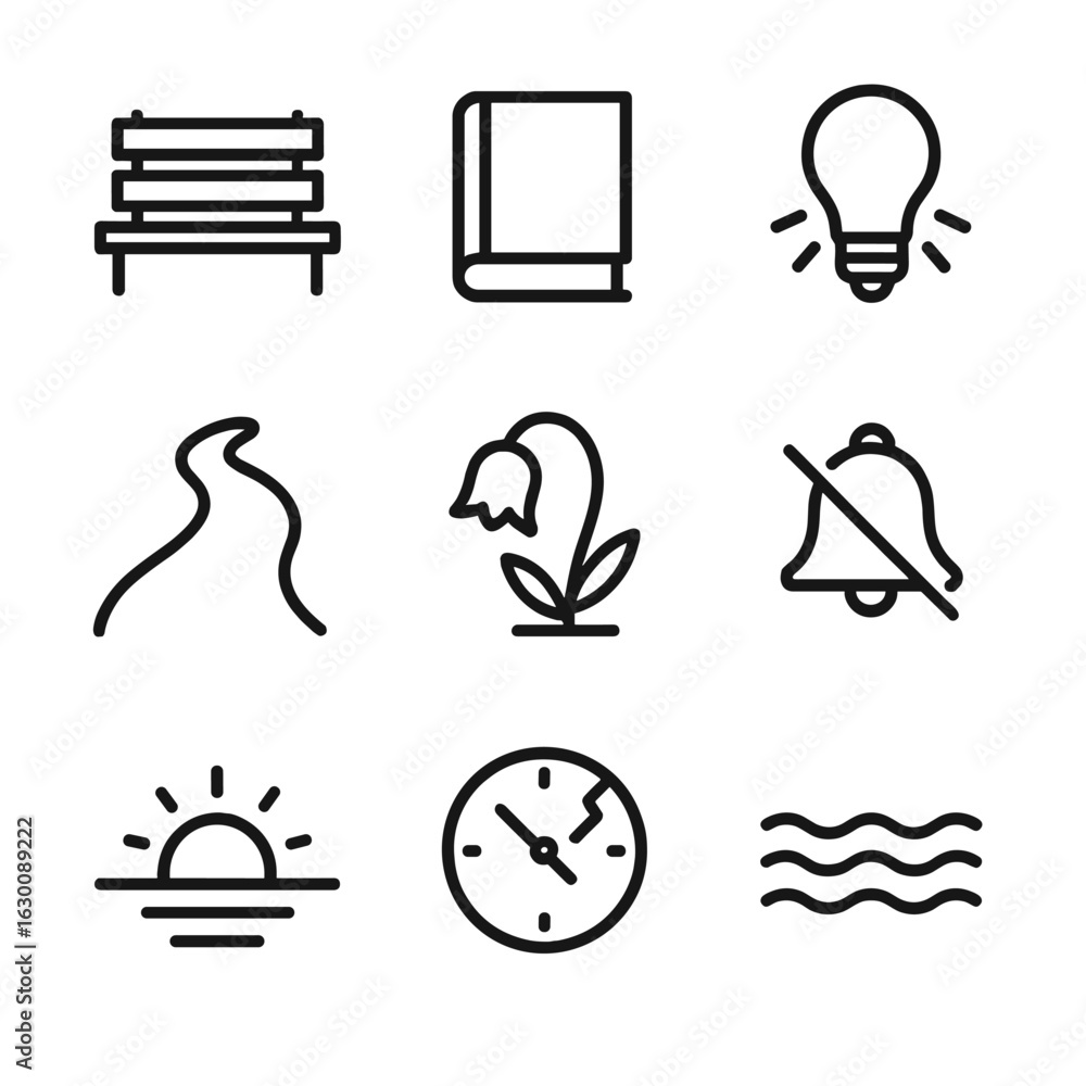 Poster end of serenity icons. outline icon set of end of serenity: empty bench, closed book, fading light, 
