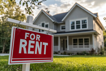For rent sign in the yard in front of a house. House for Rent with Large Lawn. 