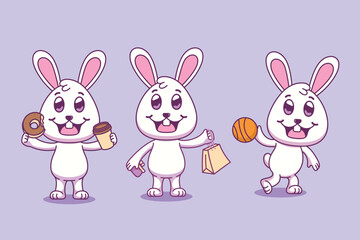 Set of cute cartoon rabbit characters engaged in various lifestyle activities like eating, shopping, and sports.
