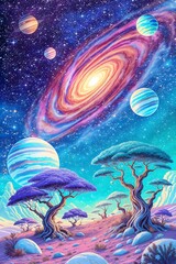 An otherworldly scene featuring a majestic spiral galaxy, glowing planets, and uniquely colored trees under a starry sky
