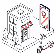 Fototapeta premium Vector art of isometric scooter near store with smartphone navigation isolated on white background