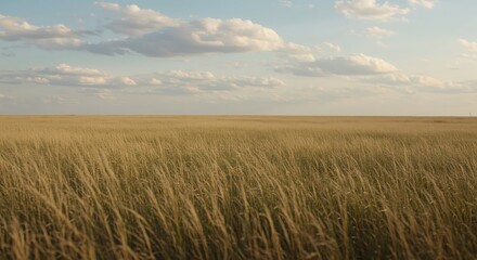 Fototapeta premium A vast field of tall, golden-hued grass sways gently under a soft sky with scattered clouds, creating a peaceful and expansive natural landscape.